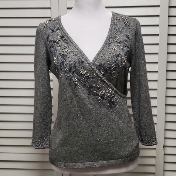 Wool Cashmere Ann Taylor Sz Small wrap sweater gray silver beads Holiday Sparkle - Picture 1 of 11